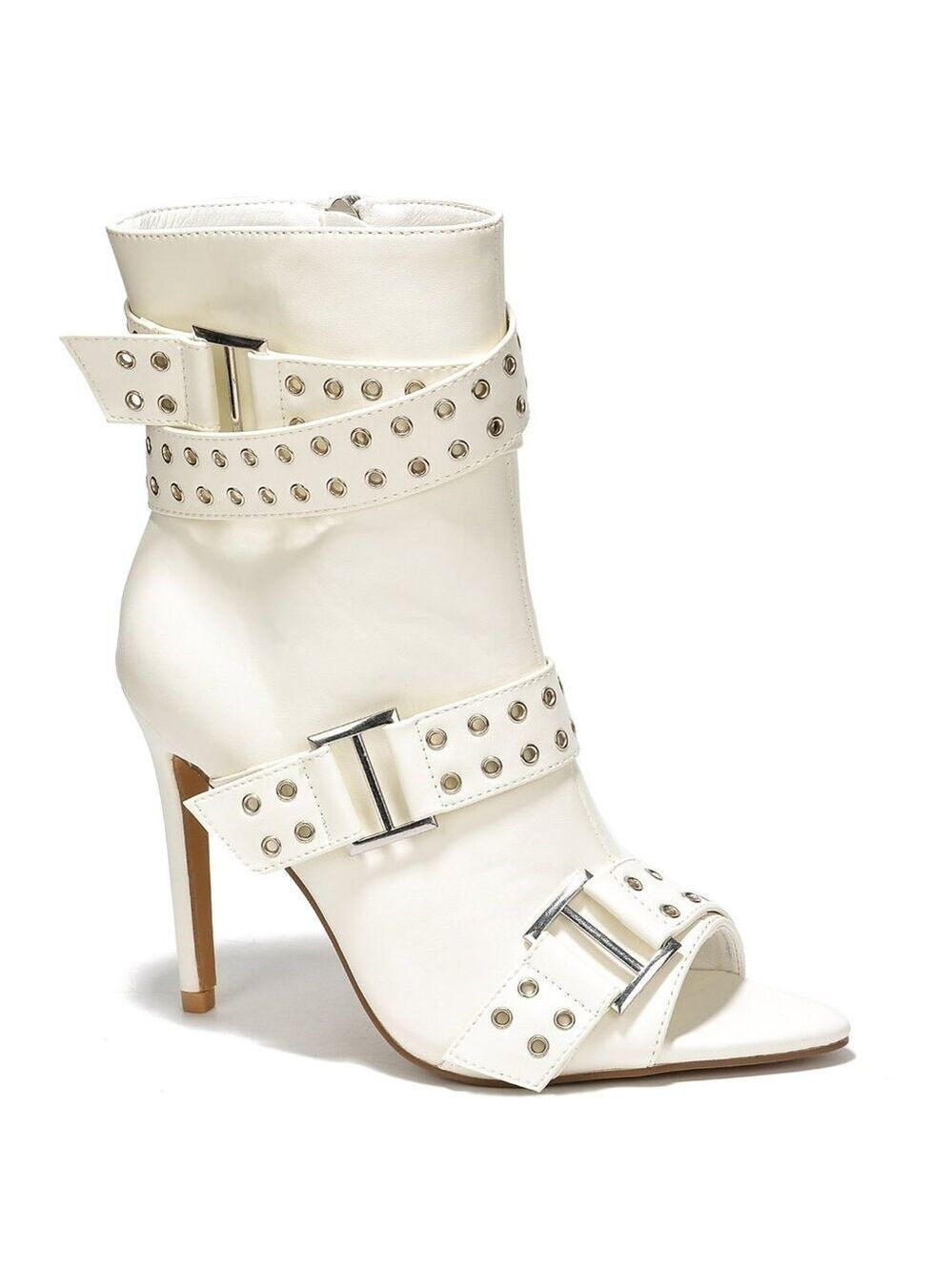 Slay Belt Strap Open Toe Ankle Boots Sexy Stiletto Heels White Vegan Leather